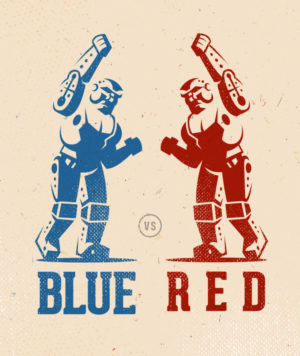blue vs red robot vintage logo design