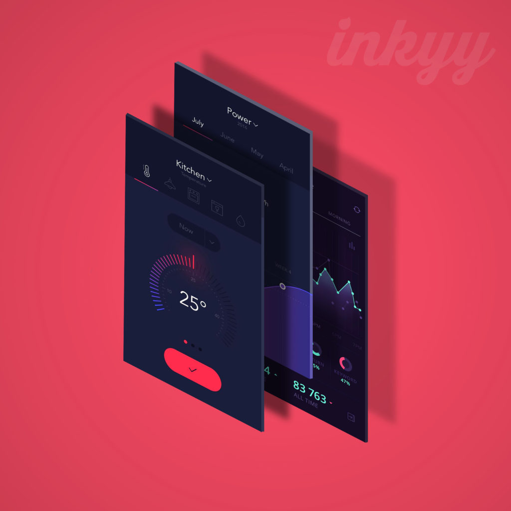 three mobile UI screens on a red background mockup