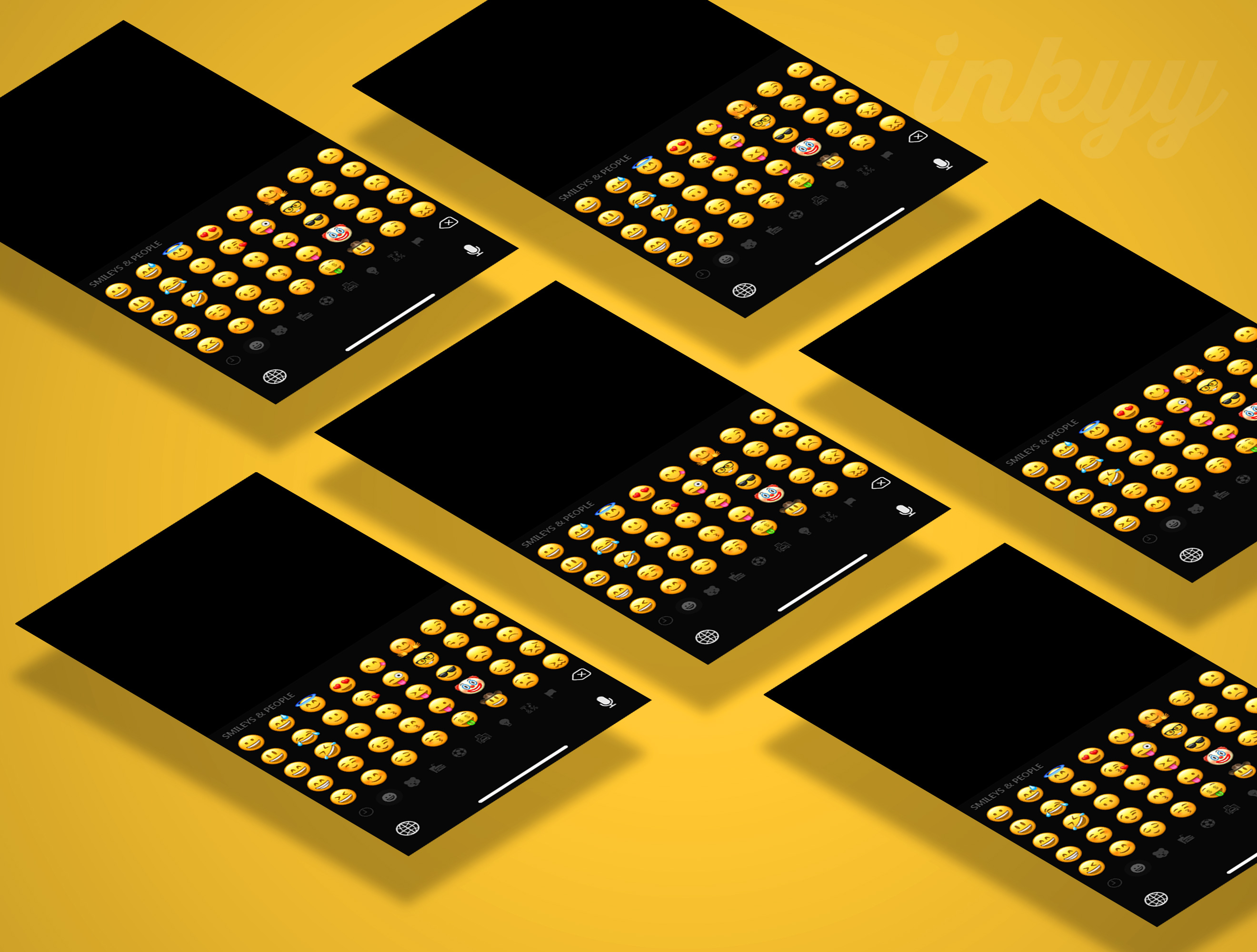 Six isometric app screens showing an emoji keyboard arranged in a grid on a yellow background