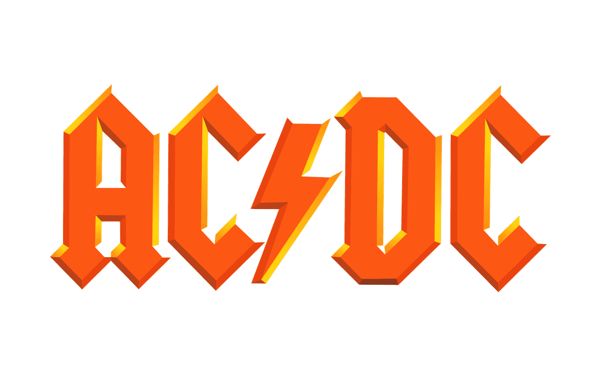 AC/DC logo in bevelled orange capitals with a yellow lightning bolt between AC and DC