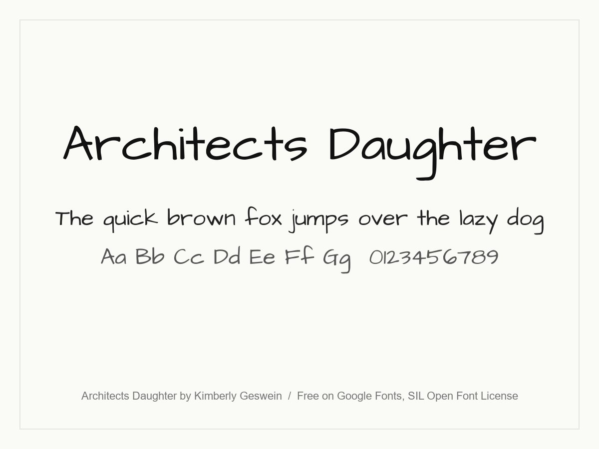 Architects Daughter handwriting font specimen with wide, square print letters