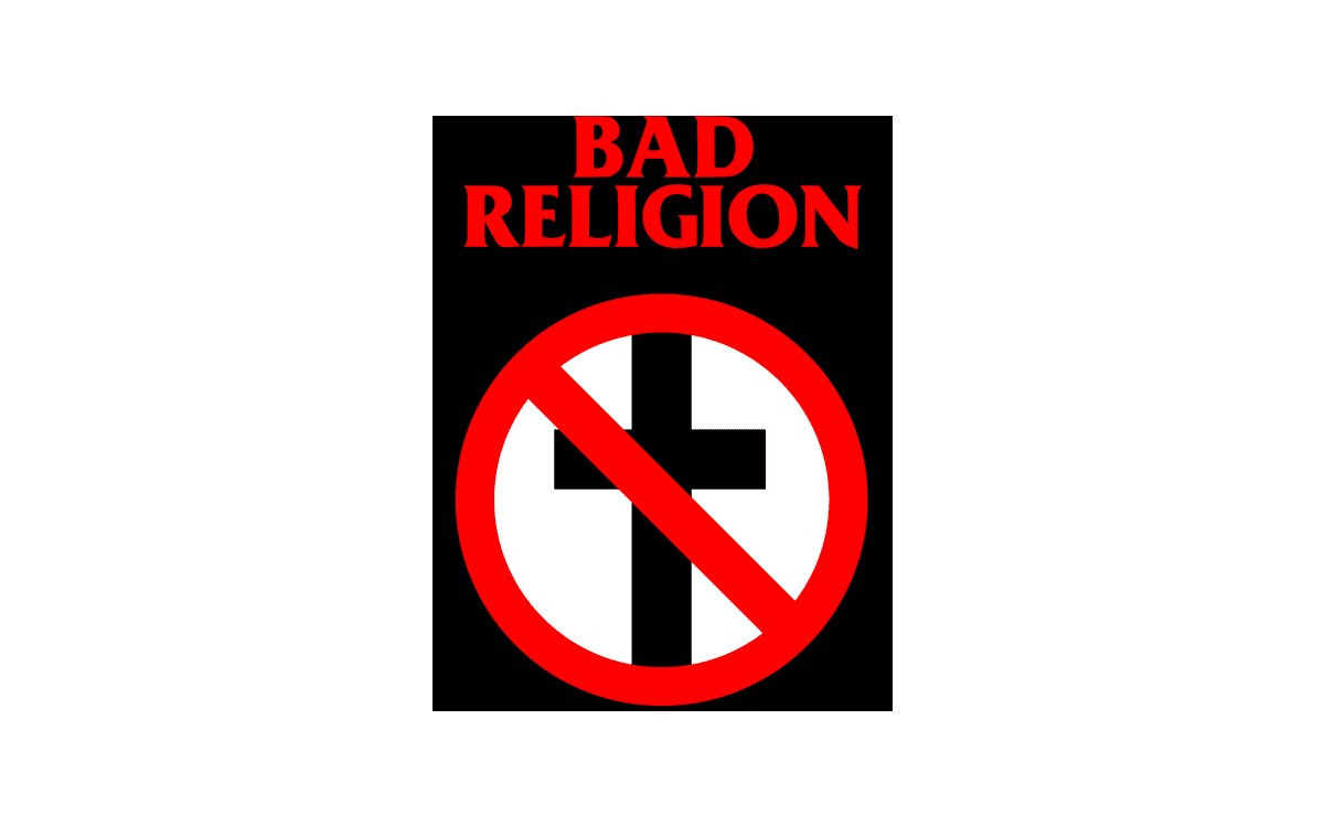 Bad Religion logo with red lettering above a black cross under a red prohibition sign on a black background