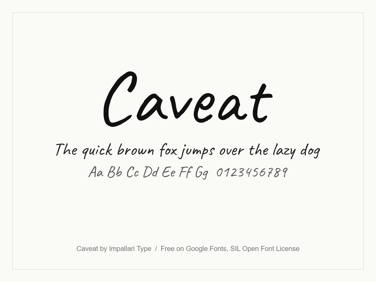 Caveat handwriting font specimen in black on an off-white background