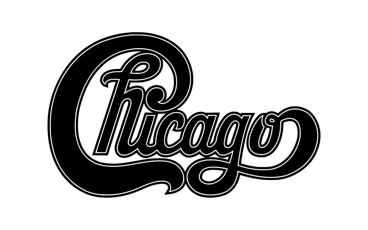 Chicago band logo in black and white connected script with a large looping C and a swash under the word