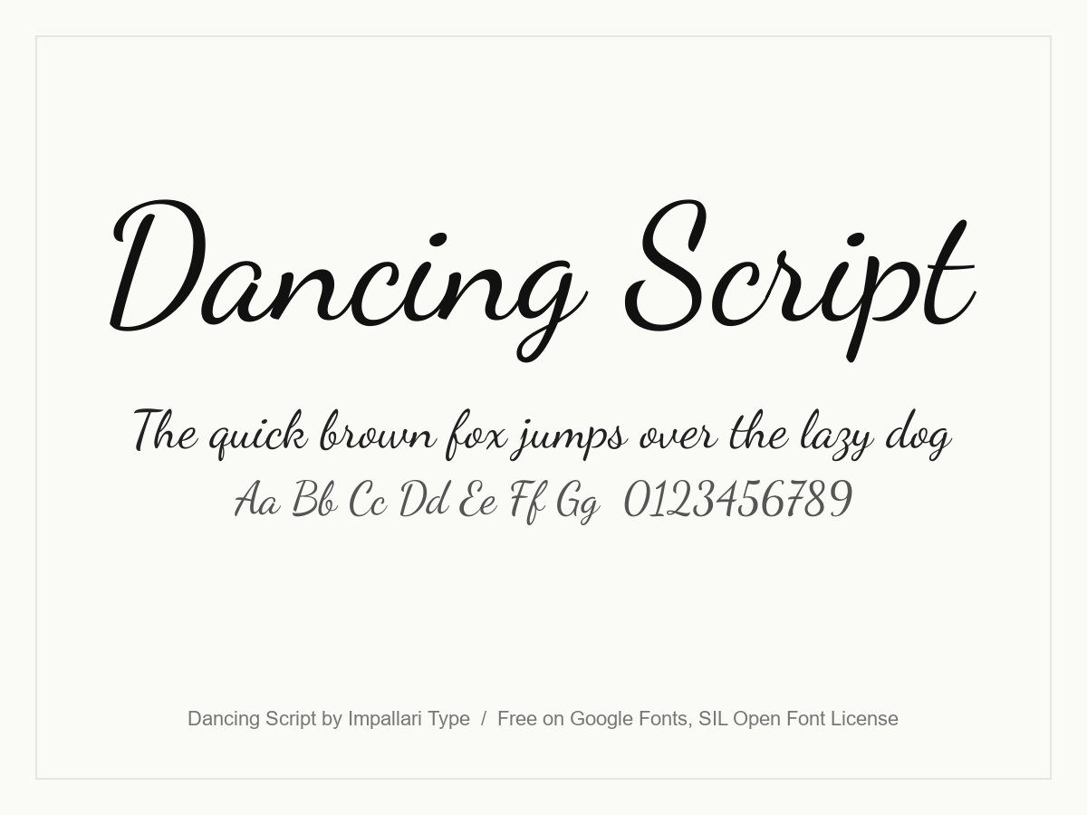 Dancing Script handwriting font specimen showing its bouncy joined letters