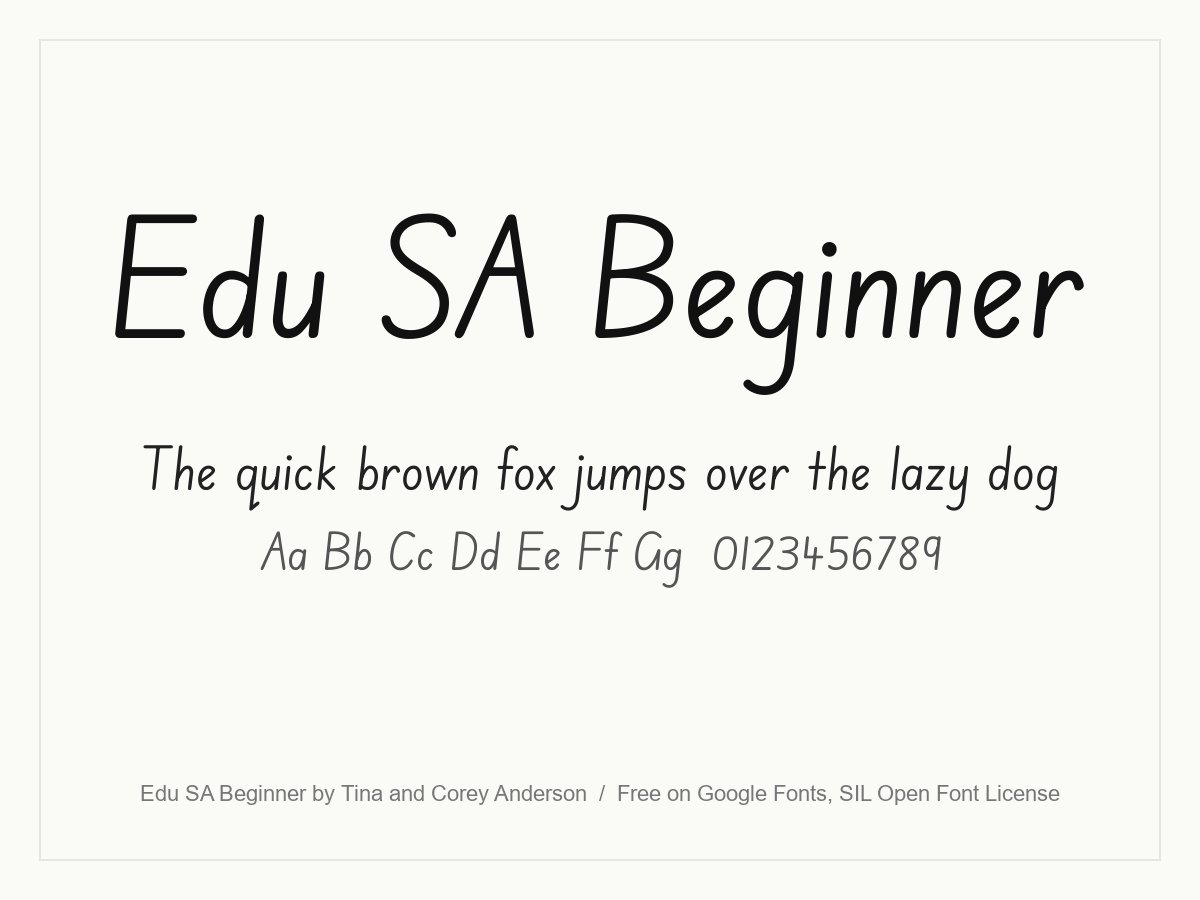 Edu SA Beginner school handwriting font specimen with simple print letters
