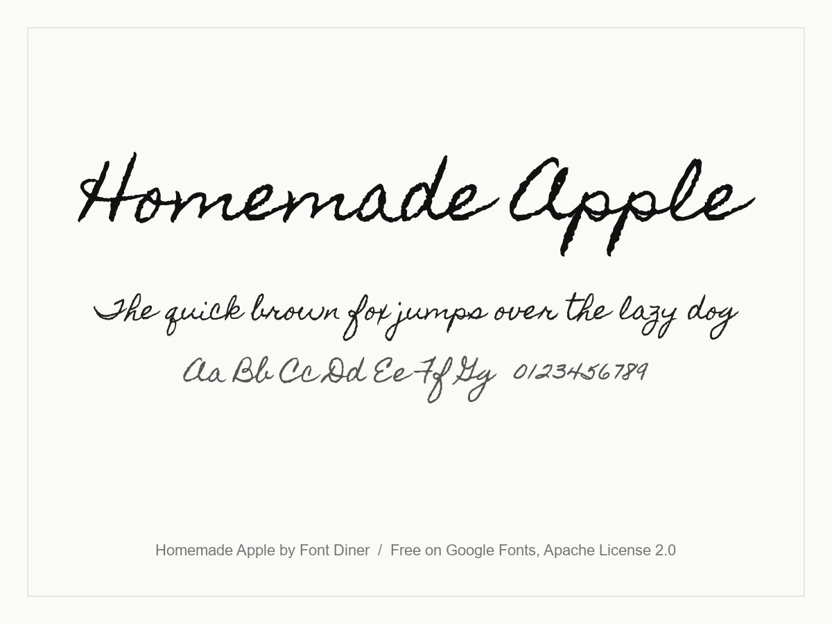 Homemade Apple cursive handwriting font specimen with a rough ink-pen texture