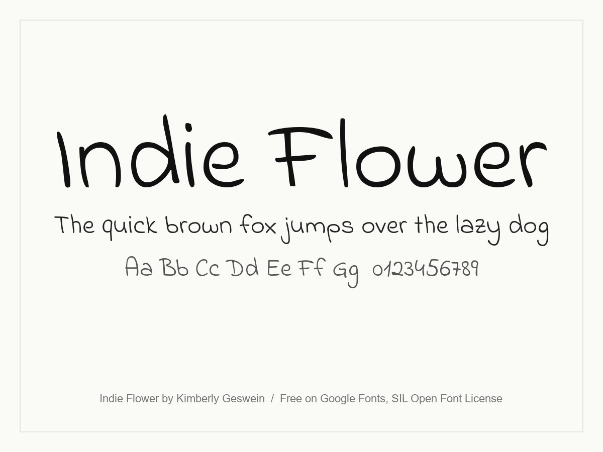 Indie Flower handwriting font specimen with rounded, bubbly print letters