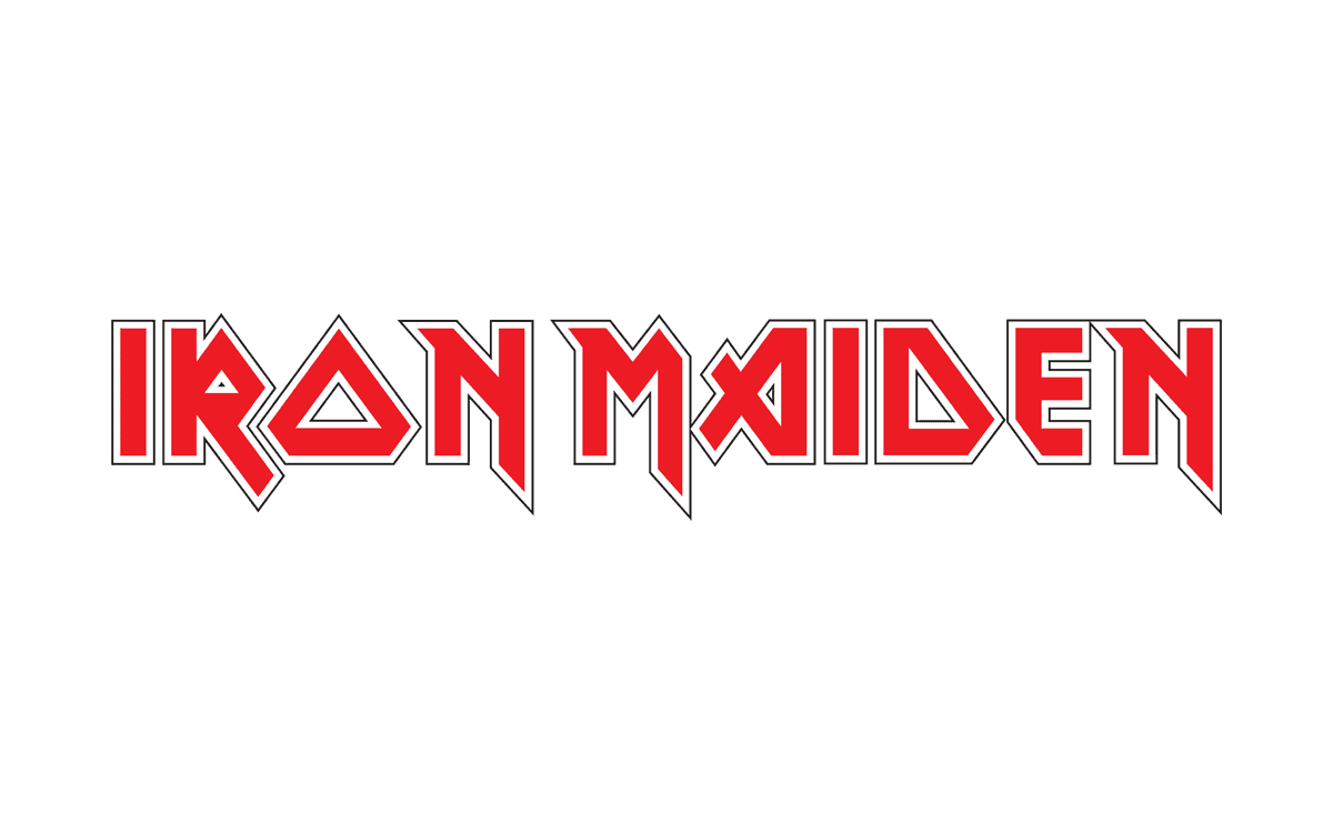 Iron Maiden logo in red outlined capitals with sharp pointed serifs and angular letterforms