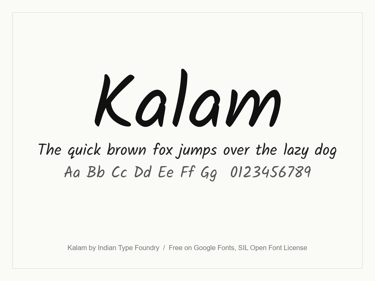 Kalam handwriting font specimen with slanted, informal print letters