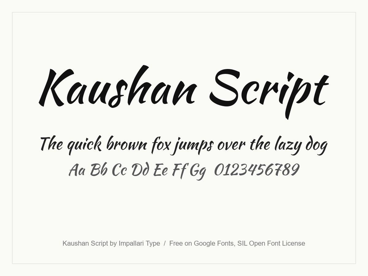 Kaushan Script brush font specimen with thick slanted brush letters