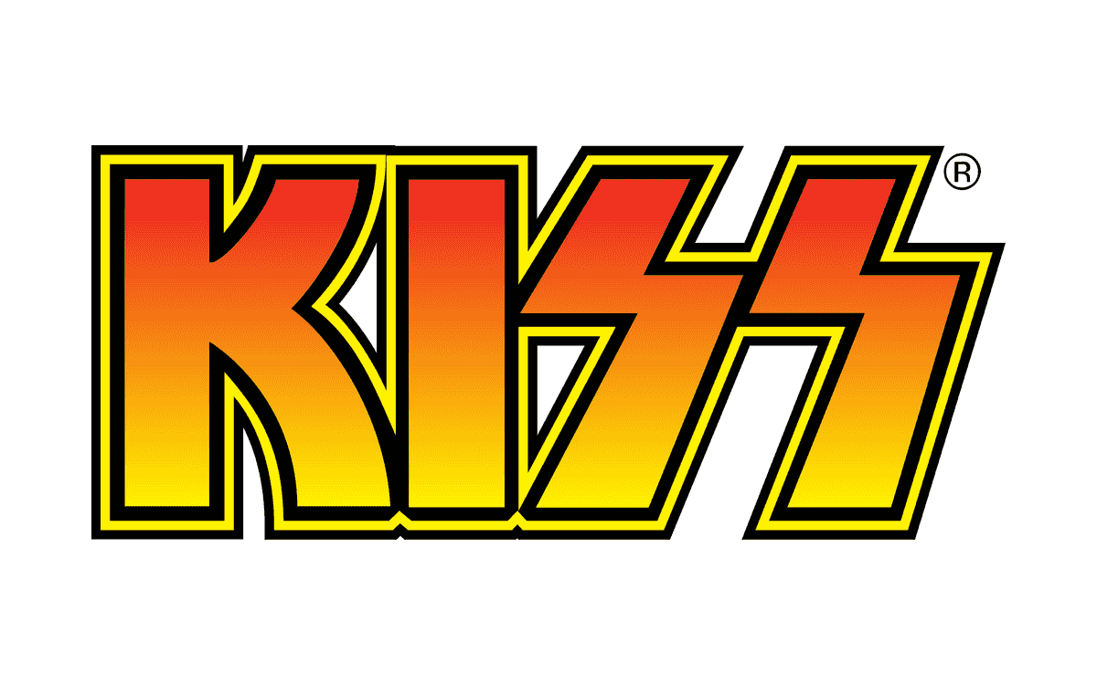 Kiss logo in red to yellow gradient letters with a yellow and black outline and two lightning bolt shaped S letters