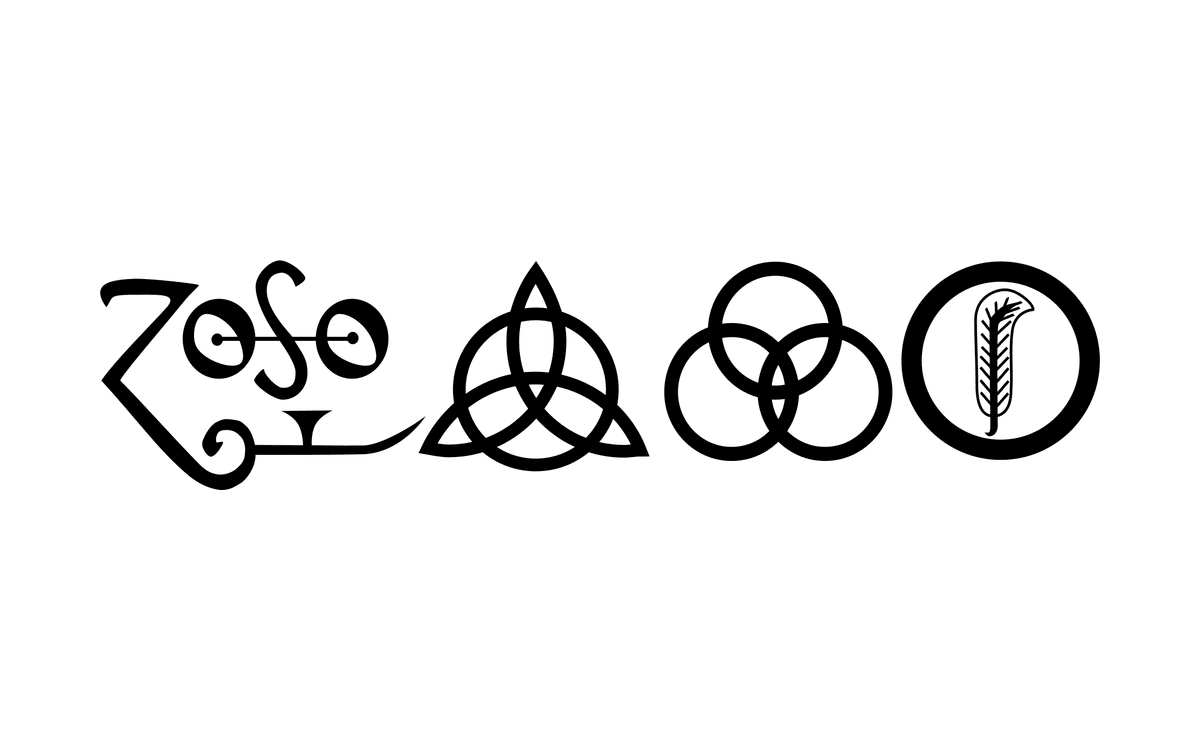 The four Led Zeppelin symbols in black: the Zoso sign, a triquetra inside a circle, three interlocking circles and a feather inside a circle