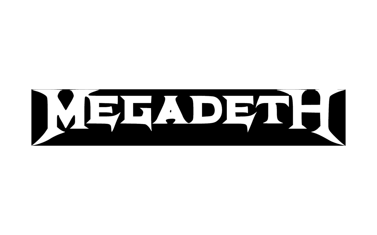 Megadeth logo with white angular serif capitals inside a black bar with pointed ends