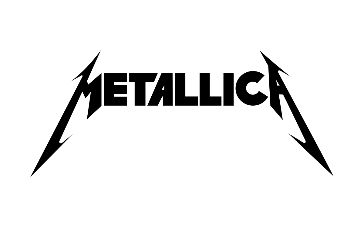 Metallica logo in black capitals with oversized first and last letters that end in long sharp spikes