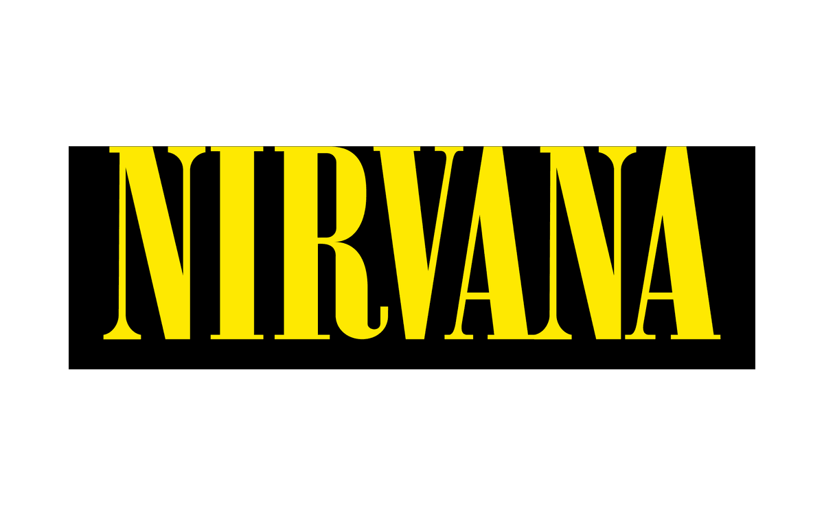 Nirvana wordmark in tall condensed yellow capitals on a black rectangle