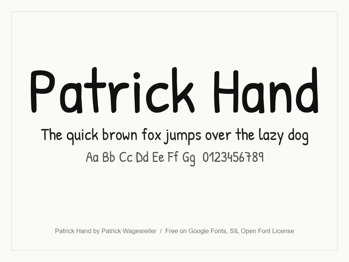 Patrick Hand handwriting font specimen with neat, upright print letters