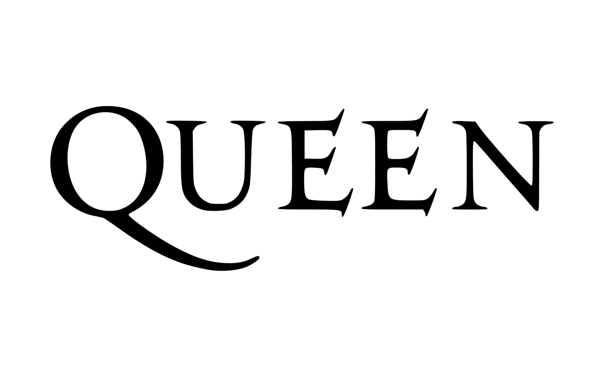 Queen wordmark in black serif capitals with a long sweeping tail on the Q