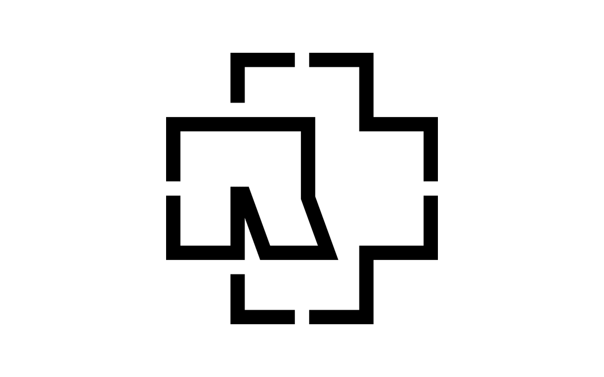 Rammstein emblem made of black right-angled lines forming a cross shape around a stencil-like R