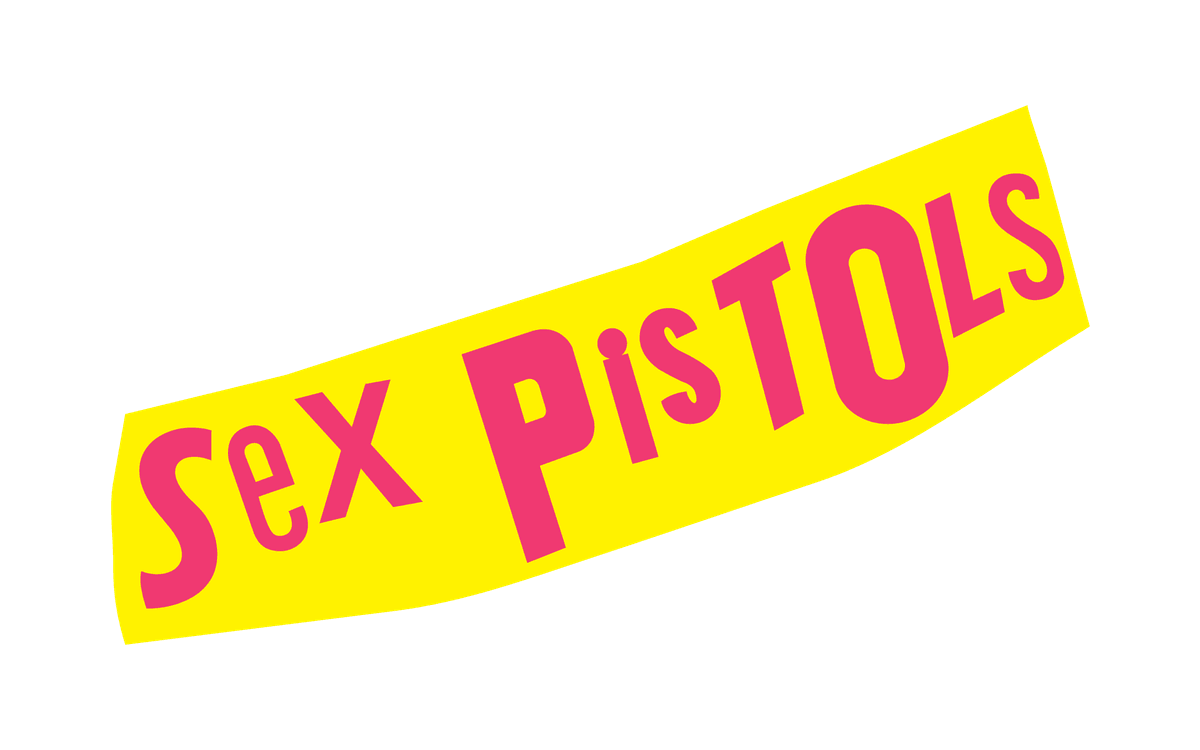 Sex Pistols logo made of mismatched pink cut-out letters on a tilted yellow strip