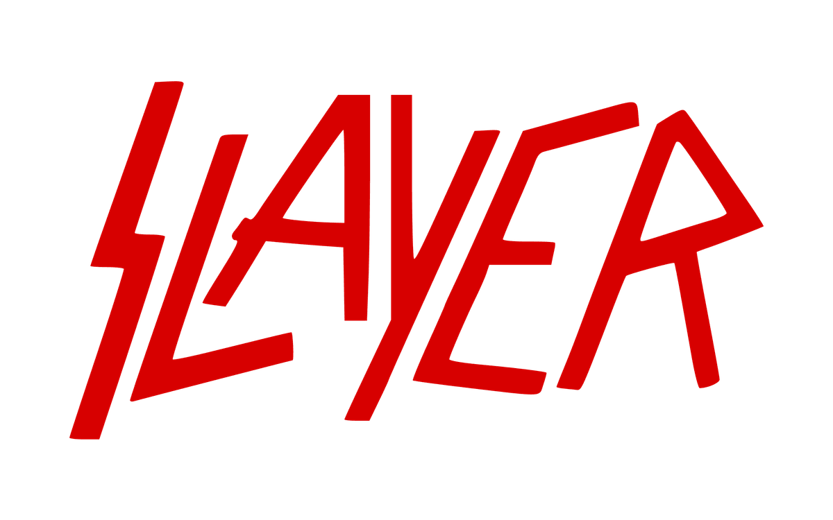 Slayer logo in jagged red strokes that lean to the right, with an S shaped like a lightning bolt