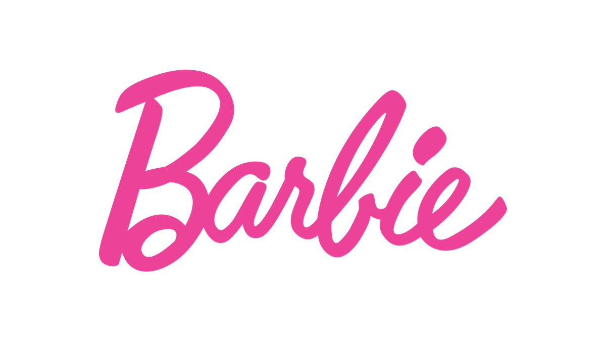 Barbie logo, a flowing hot pink script wordmark on a white background