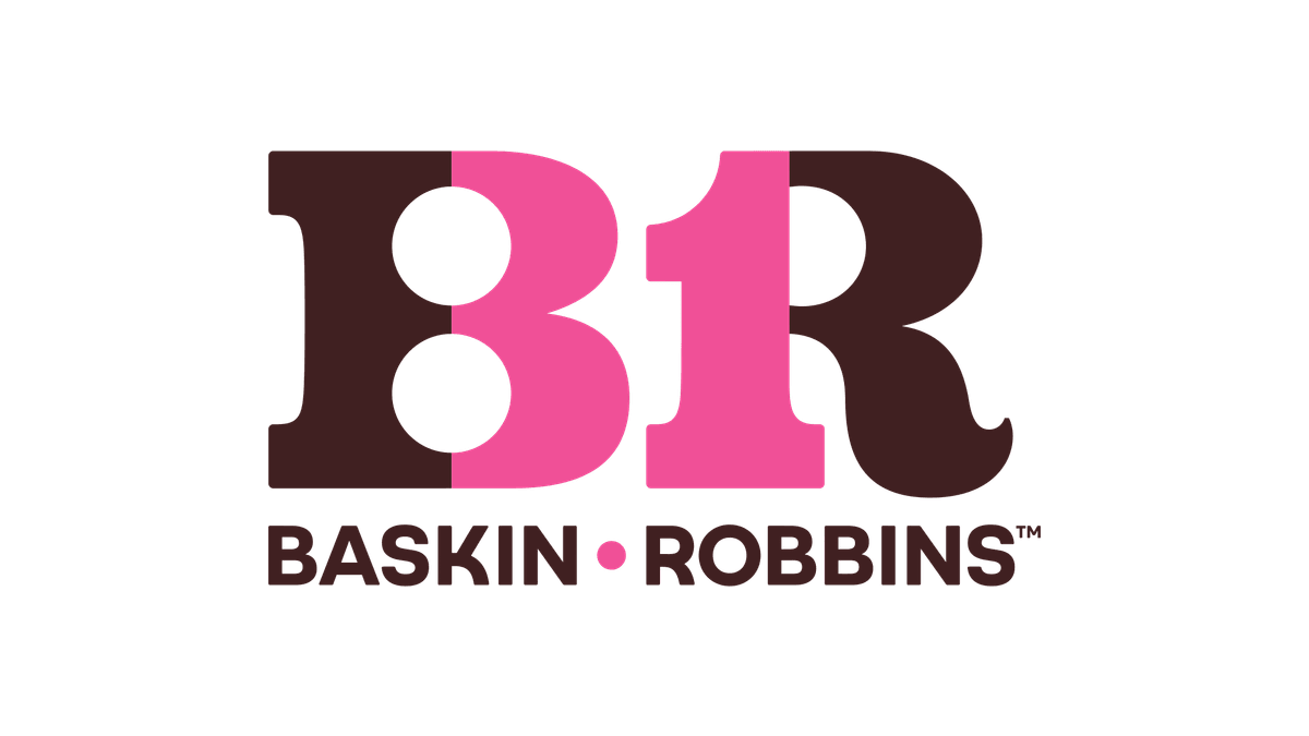 Baskin-Robbins logo, a large BR monogram in chocolate brown and pink with BASKIN ROBBINS in brown below