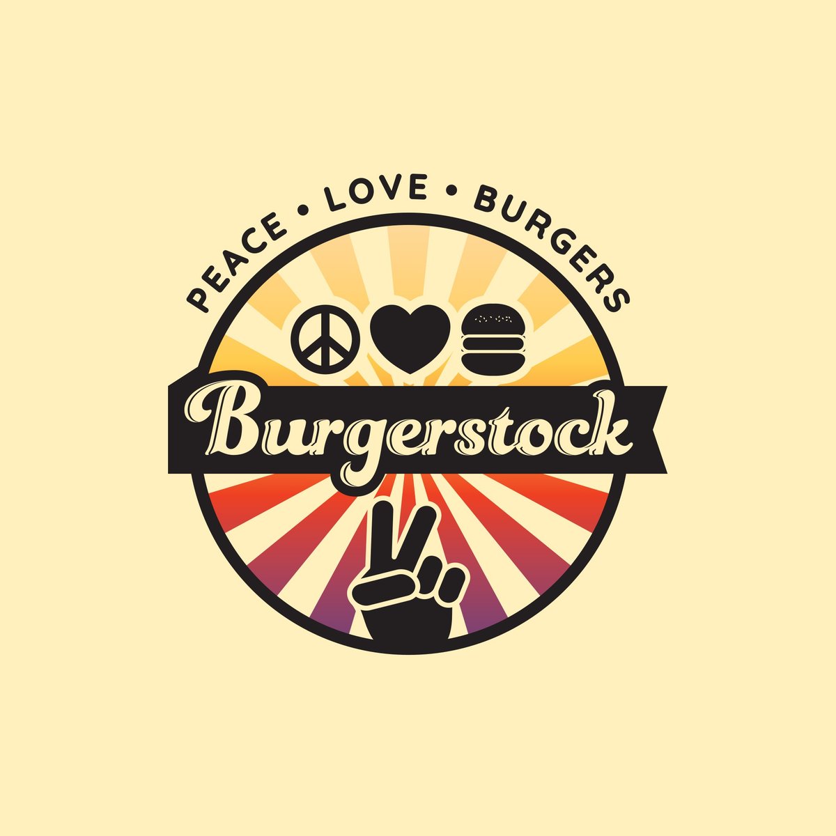 Circular 70s burger restaurant logo with sunburst rays, a peace sign hand, a black script banner and the words Peace Love Burgers