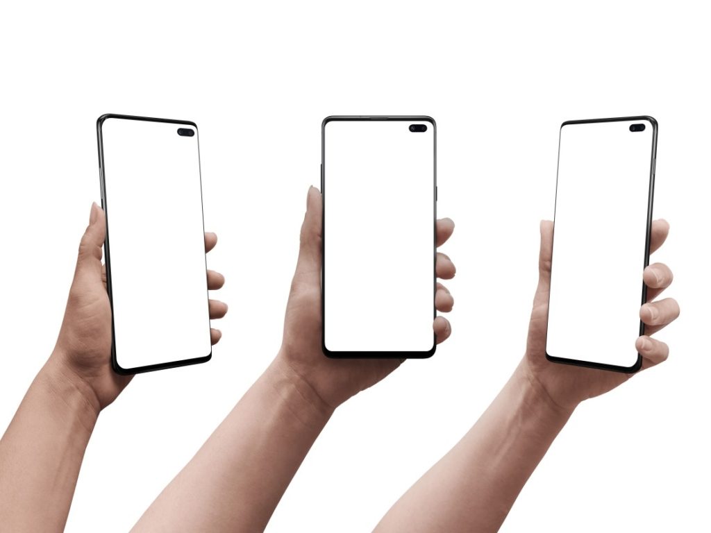 Smartphone in woman hand in three positions. Isolated display and background. Mockup. 