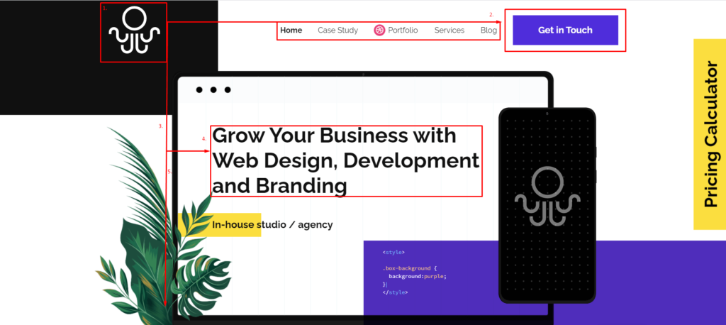 Visual Hierarchy Breakdown of Inkyy Web Design & Branding Studio Homepage