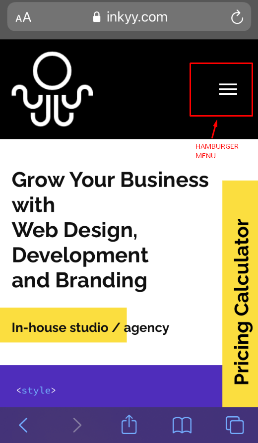 Inkyy Website Navigation - Hamburger Menu - iPhone SE - Screenshot.PNG